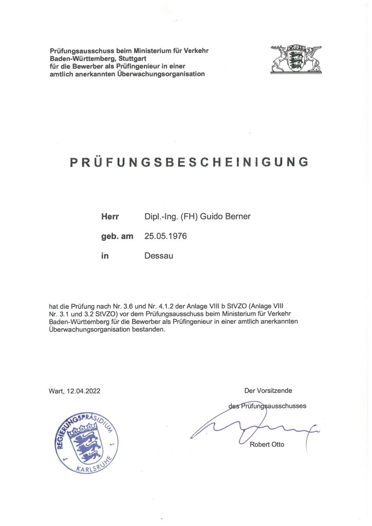 Prüfungsbescheinigung Guido Berner